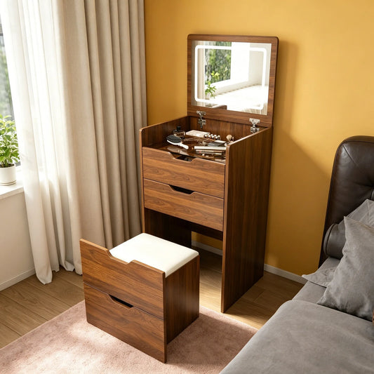 3-in-1 Vanity Desk with Lighted Mirror & Stool, Flip Top Makeup Dressing Table in Walnut Finish, Compact Storage for Bedroom, Bathroom, or Dressing – view 2