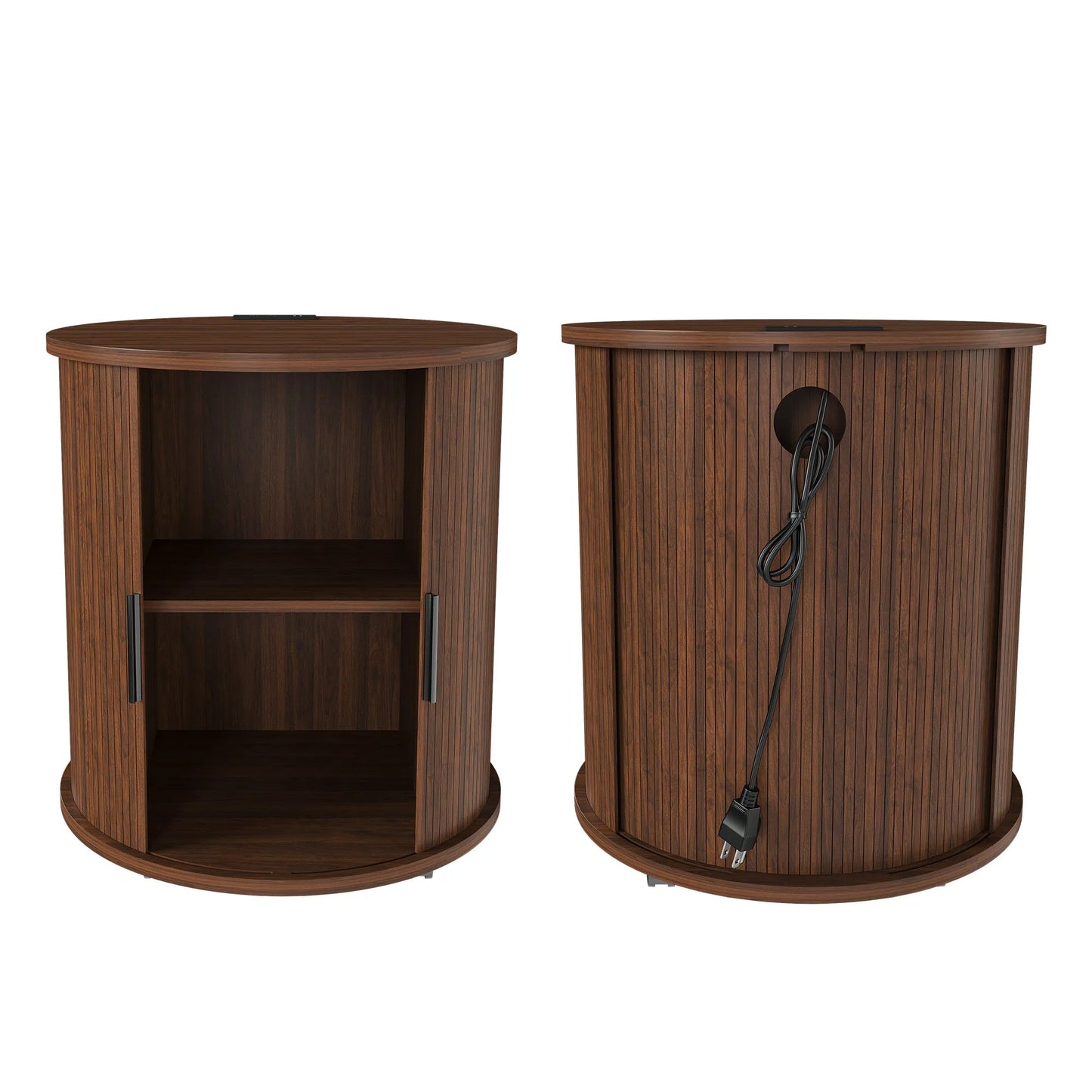 Mid Century Modern Cylinder End Table with Built-in Charging Station & Sliding Door, 2-Tier Storage Round Nightstand with USB Ports, Walnut Bedside – view 2