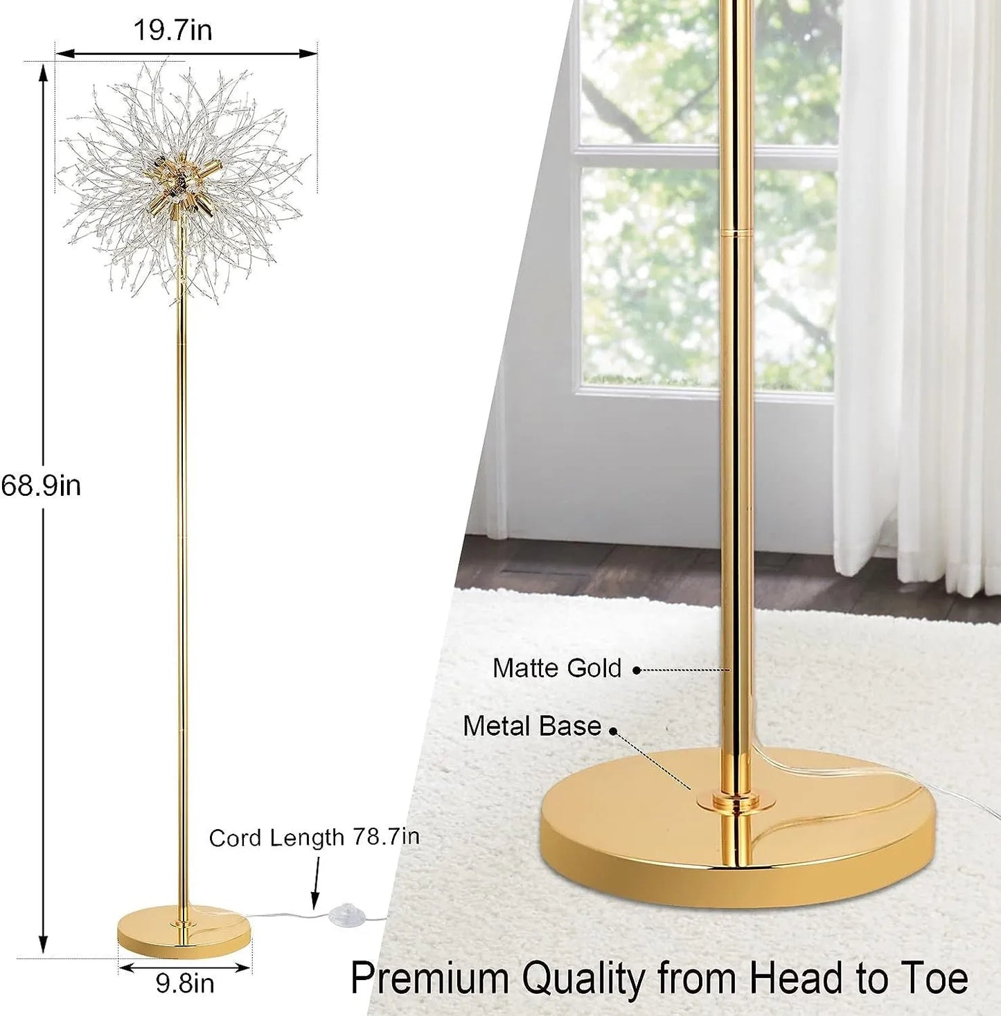 69 inch Crystal Floor Lamp, Modern Standing Lamp with K9 Crystal, LED Floor Lamp with On/Off Foot Switch, Metal Tall Pole Lamp for Living Room, Girls – view 2
