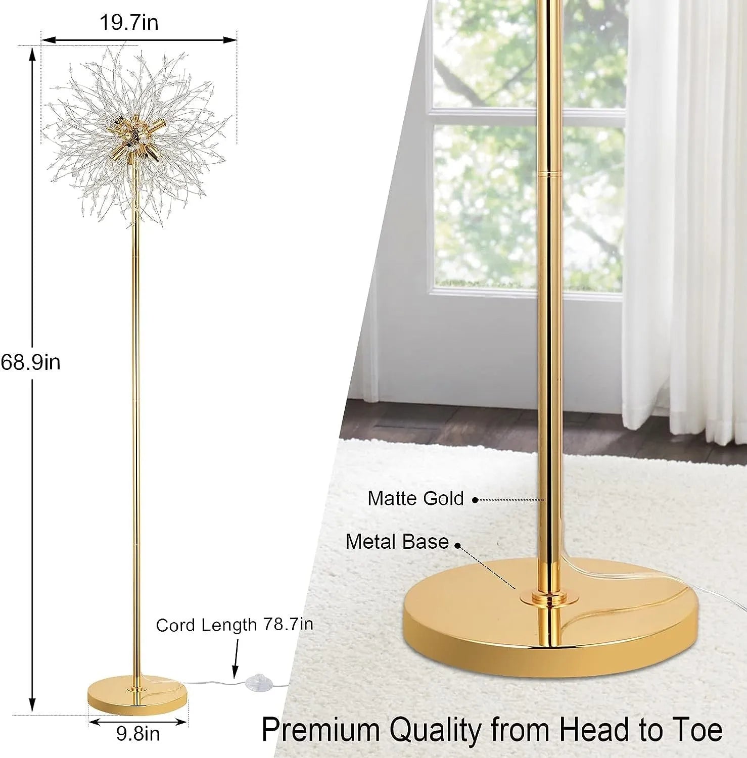 69 inch Crystal Floor Lamp, Modern Standing Lamp with K9 Crystal, LED Floor Lamp with On/Off Foot Switch, Metal Tall Pole Lamp for Living Room, Girls – view 2