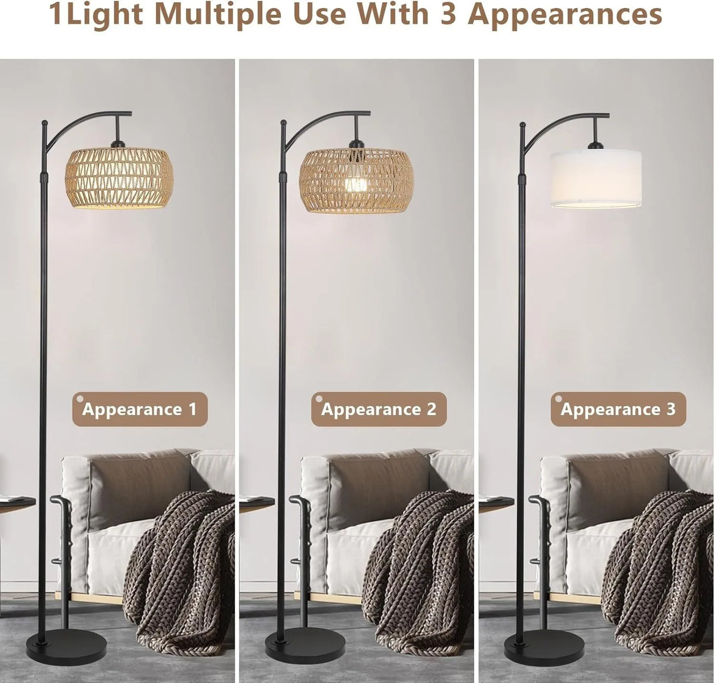Arc Floor Lamp with Remote Control, Dimmable LED Floor Lamp with 3 Color Temperature, Black Standing Lamp with Rattan & Fabric Double Drum Shade – view 2