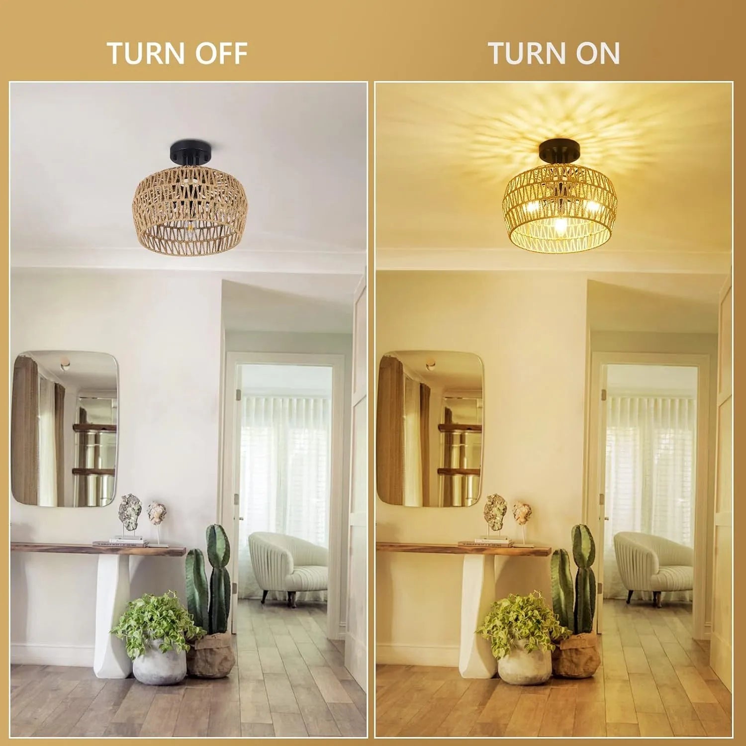 Semi Flush Mount Ceiling Light, Rattan Light Fixture Ceiling Mount with Handmade Wicker Lampshade, 3-Lights Boho Chandelier, Woven Close to Ceiling – view 2