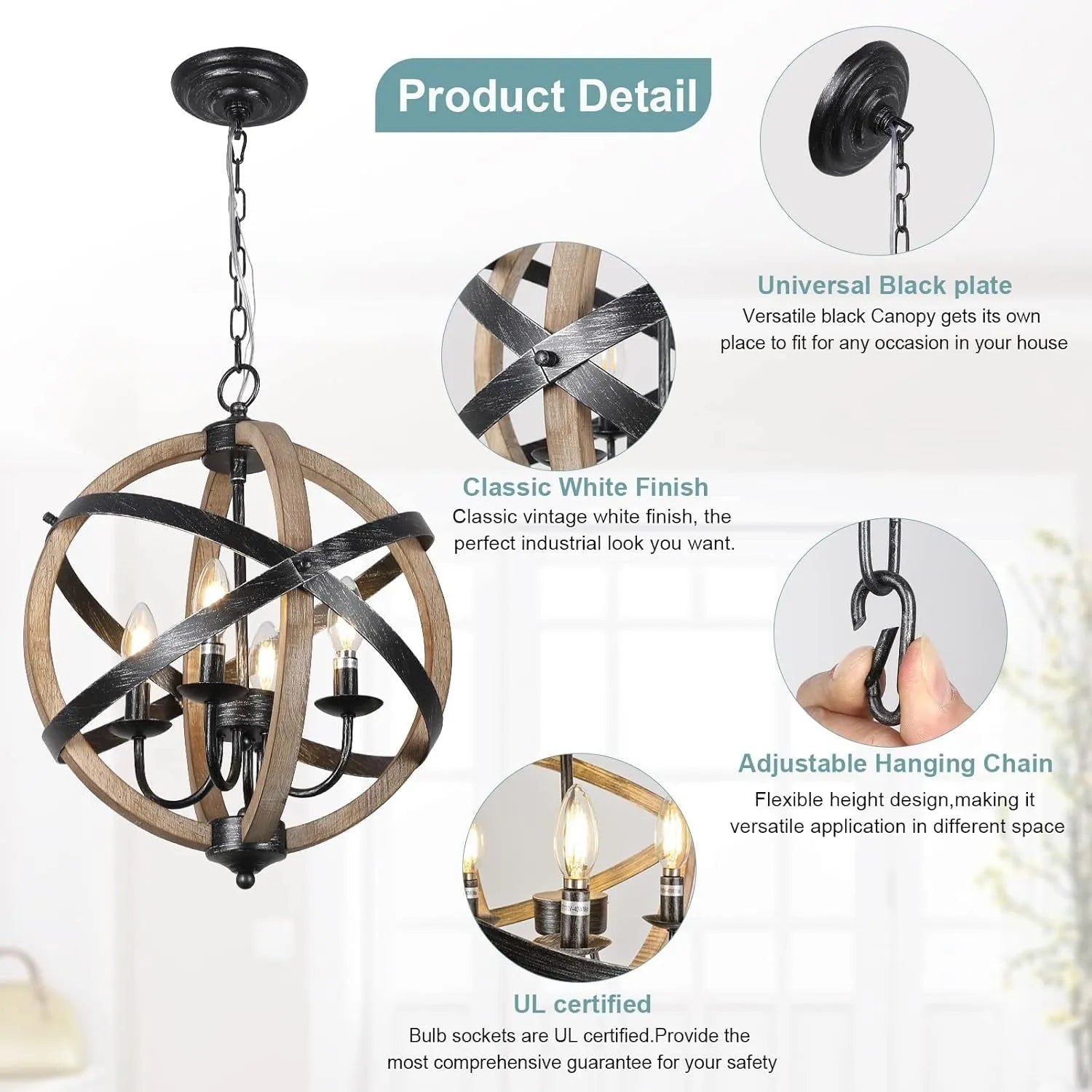 Farmhouse Chandelier Light Fixtures – 4-Light Dining Room Light Fixtures Height Adjustable – Rustic Wood Light Fixtures Ceiling Hanging for Kitchen – view 2
