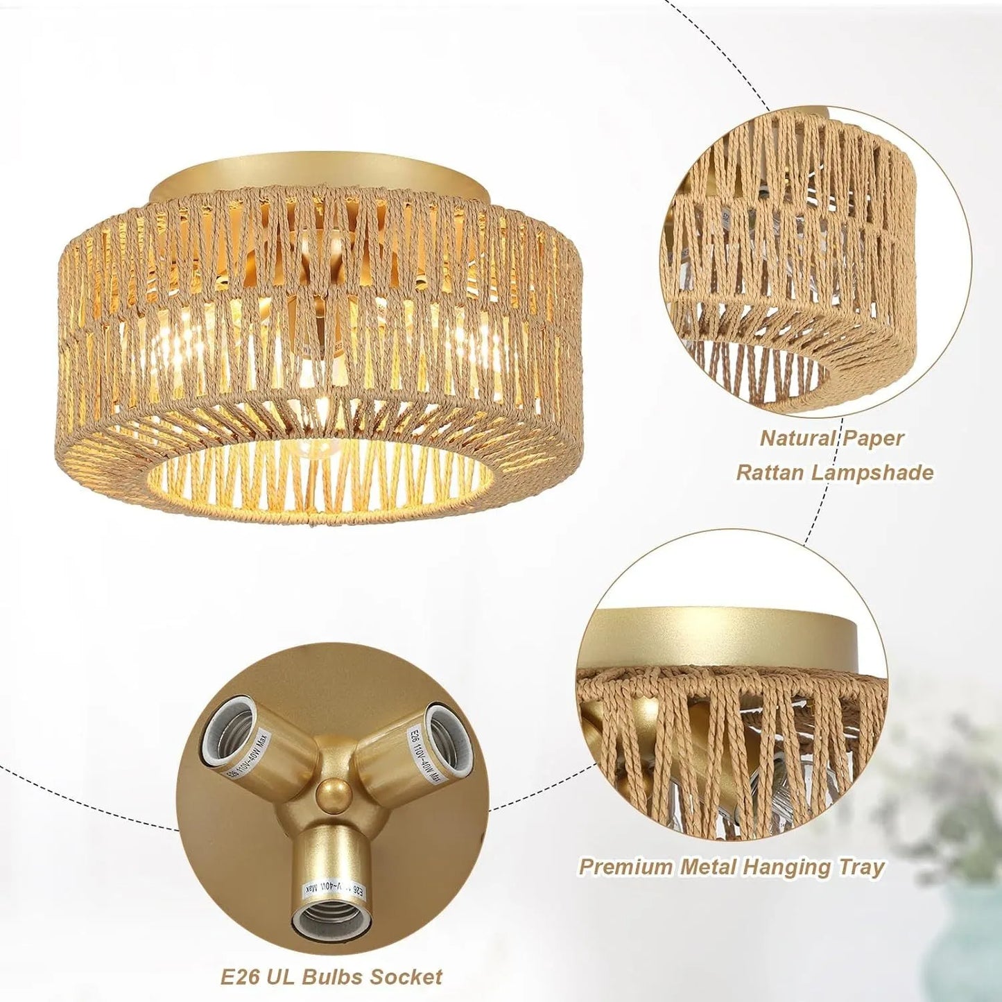 Boho Light Fixtures Ceiling Mount, 3-Light Farmhouse Rattan Ceiling Light Fixture, Flush Mount Ceiling Light with Hand-Woven Shade, Modern Chandelier – view 2