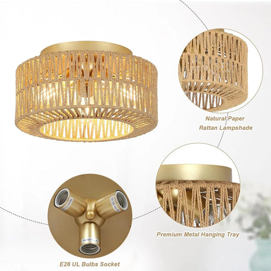 Boho Light Fixtures Ceiling Mount, 3-Light Farmhouse Rattan Ceiling Light Fixture, Flush Mount Ceiling Light with Hand-Woven Shade, Modern Chandelier – view 2