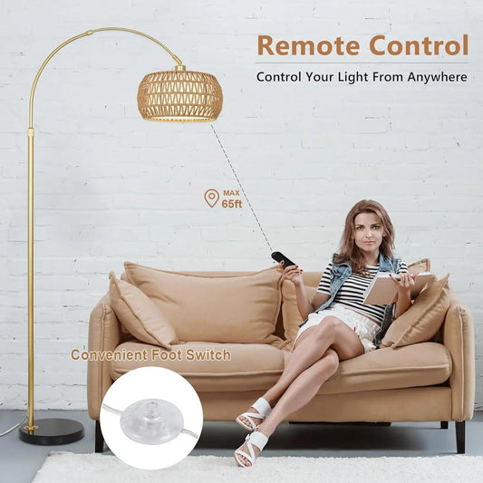 Gold Floor Lamps for Living Room, Arc Floor Lamp with Remote & Dimmable Bulb, Boho Rattan Standing lamp with 3 Color Temperatures, Height Adjustable – view 2