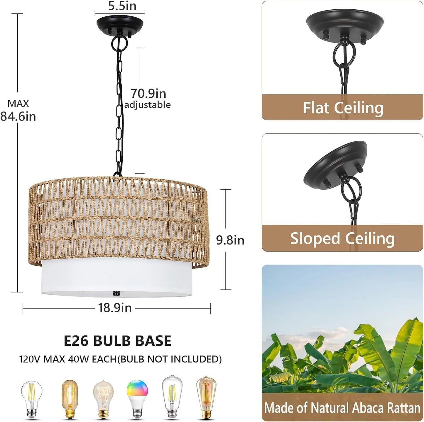 Farmhouse Chandeliers for Dining Room,5-Light Rattan Boho Chandelier Light Fixture with Fabric Shade,Hand Woven Large Rattan Dining Room Light – view 2