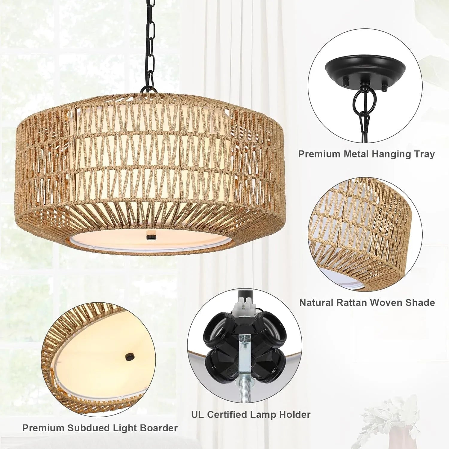 Farmhouse Chandelier Light Fixture,4-Light Rattan Boho Chandeliers for Dining Room with Fabric Shade,Hand Woven Large Rattan Dining Room Light – view 2
