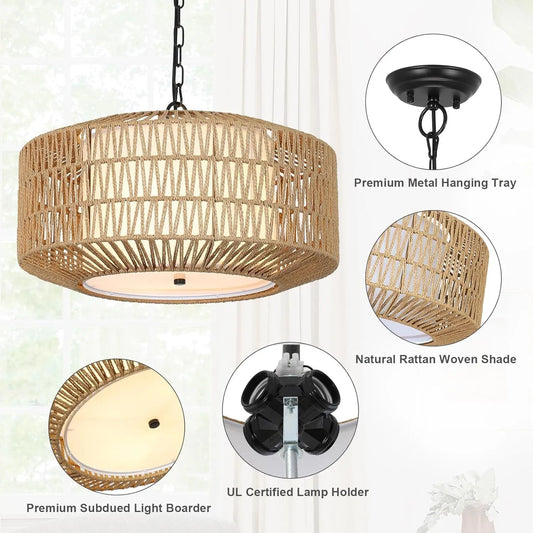 Farmhouse Chandelier Light Fixture,4-Light Rattan Boho Chandeliers for Dining Room with Fabric Shade,Hand Woven Large Rattan Dining Room Light – view 2