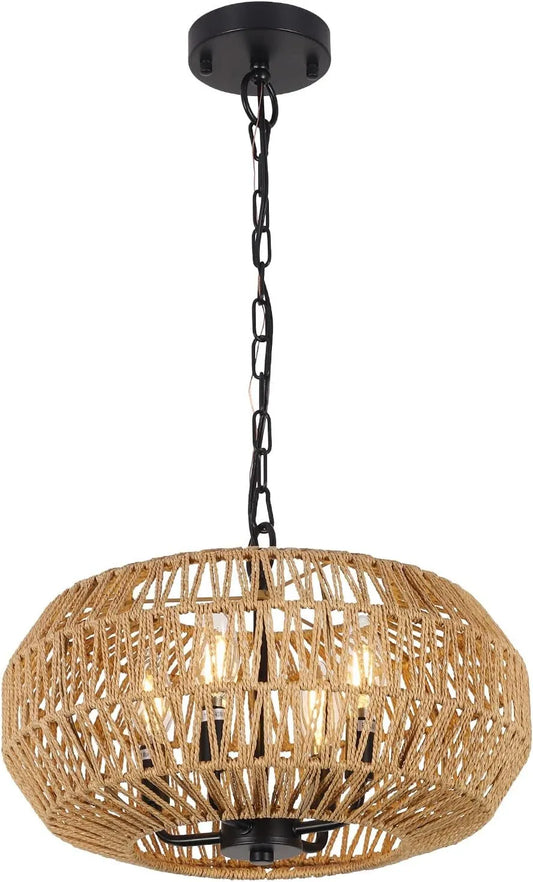 Farmhouse Rattan Pendant Lights, 15.7' 4-Light Boho Chandelier Light Fixture, Wicker Hand Woven Basket Pendant Hanging for Dining Room Living Room – view 2