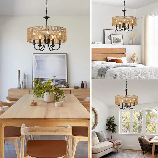 Modern Farmhouse Chandelier Light Fixtures, 5-Lights Large Rattan Pendant Lighting with Hand Woven Wicker Shade, Boho Black Chandeliers for Dining – view 2