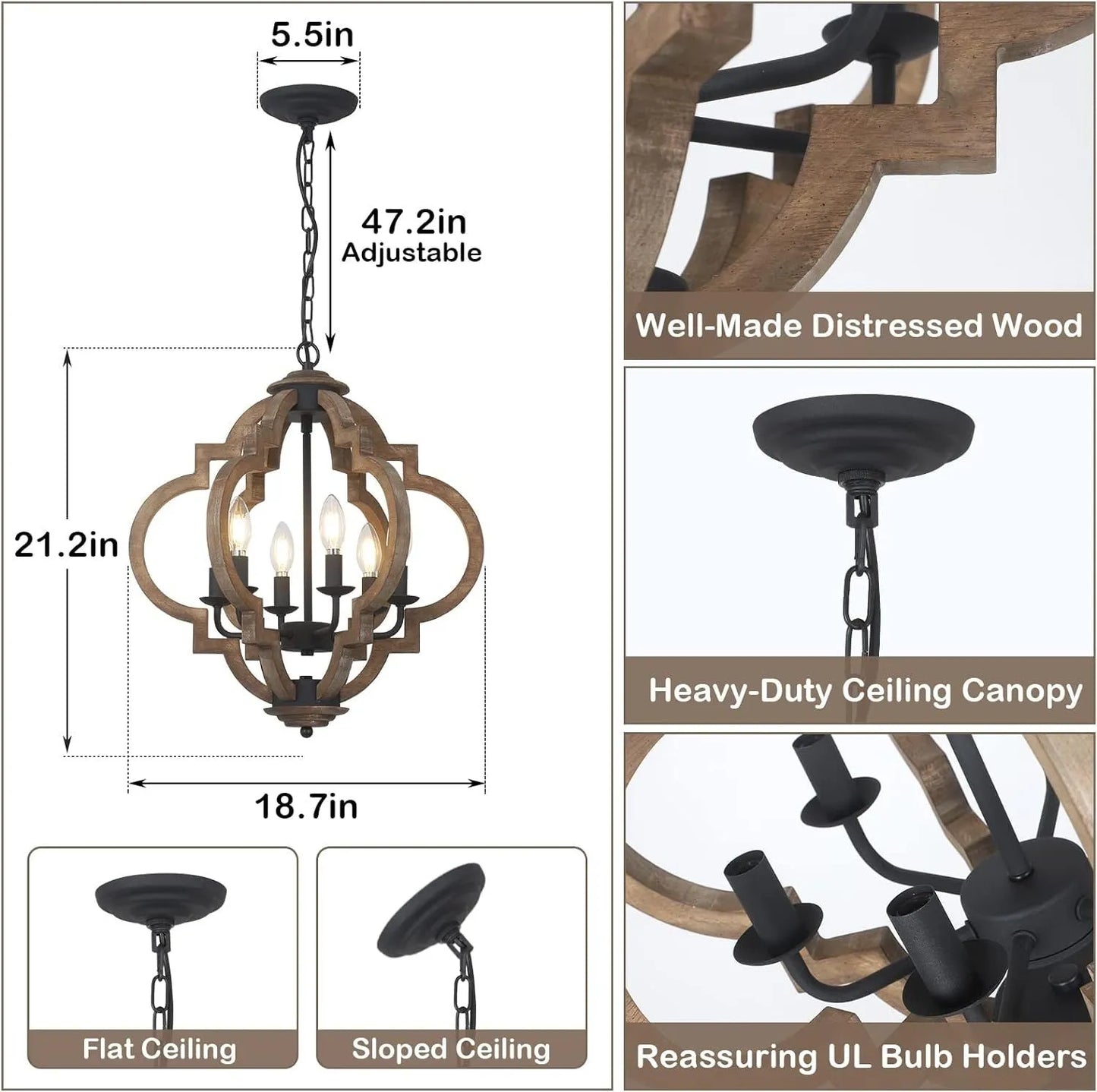 Farmhouse Chandeliers for Dining Room, 6-Light Rustic Dining Room Light Fixture Over Table, Wood Black Hanging Pendant Lights Kitchen Island, Boho – view 2