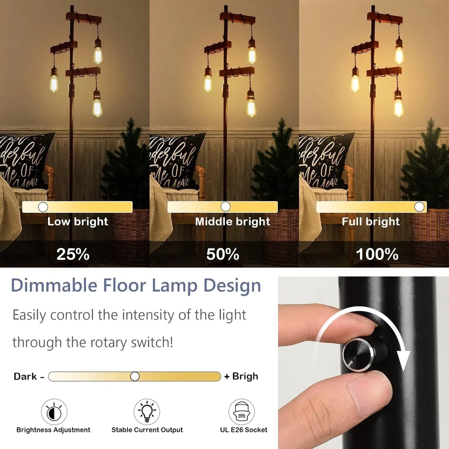 Dimmable Industrial Floor Lamp, Farmhouse Tree Floor Lamp, 68 Inch 3 Lights Wood Standing Lamp, Sturdy Base Tall Vintage Pole Light, Metal Black – view 2