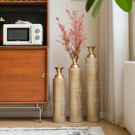 Metal Decorative Vases High Distress Metal Center Vases with Growing Vine Patterns, Set Of 3 Vases for Home Decoration 34', 29', 25'H, Gold – view 2