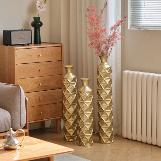 Metal Decorative Vase High Distress Metal Center Vase With 3D Triangle Pattern, Set Of 3 Vases for Home Decoration 33.5', 29.5', 25.2'High, Gold – view 2