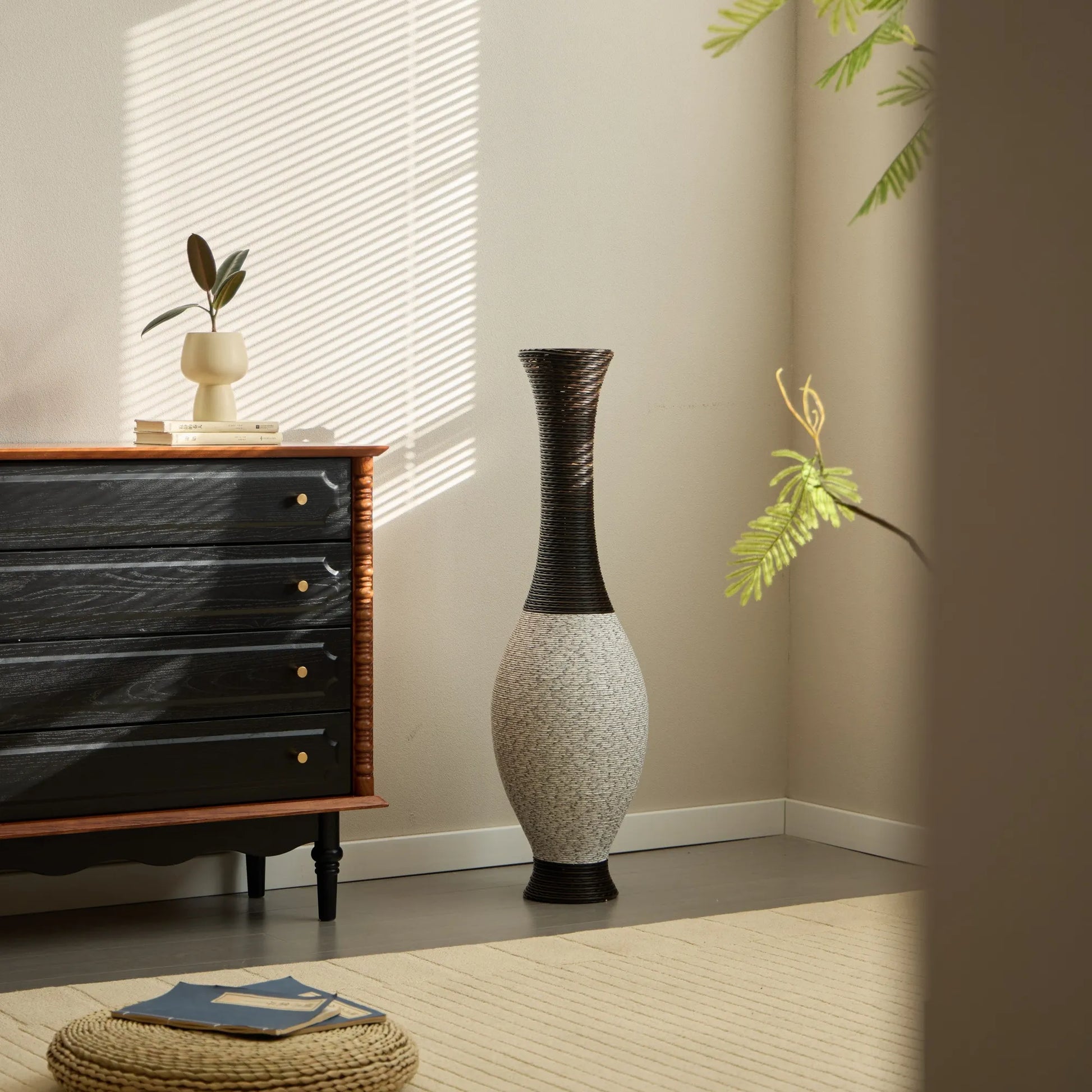 39-Inch Tall Designer Floor Vase – Artificial Rattan with Elegant Two-Tone Dark Brown Finish – Decorative Accent for Living Room, Bedroom, or Entryway – view 2