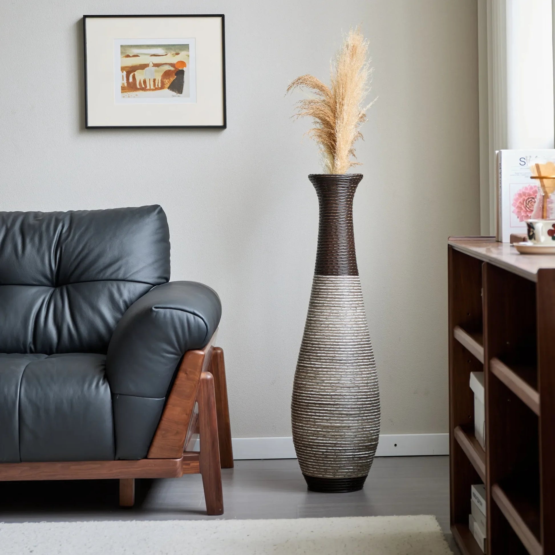 39-Inch Tall Standing Designer Floor Vase - Durable Artificial Rattan - Elegant Two-Tone Dark Brown Finish - Ideal Décor Accent for Living Room – view 2