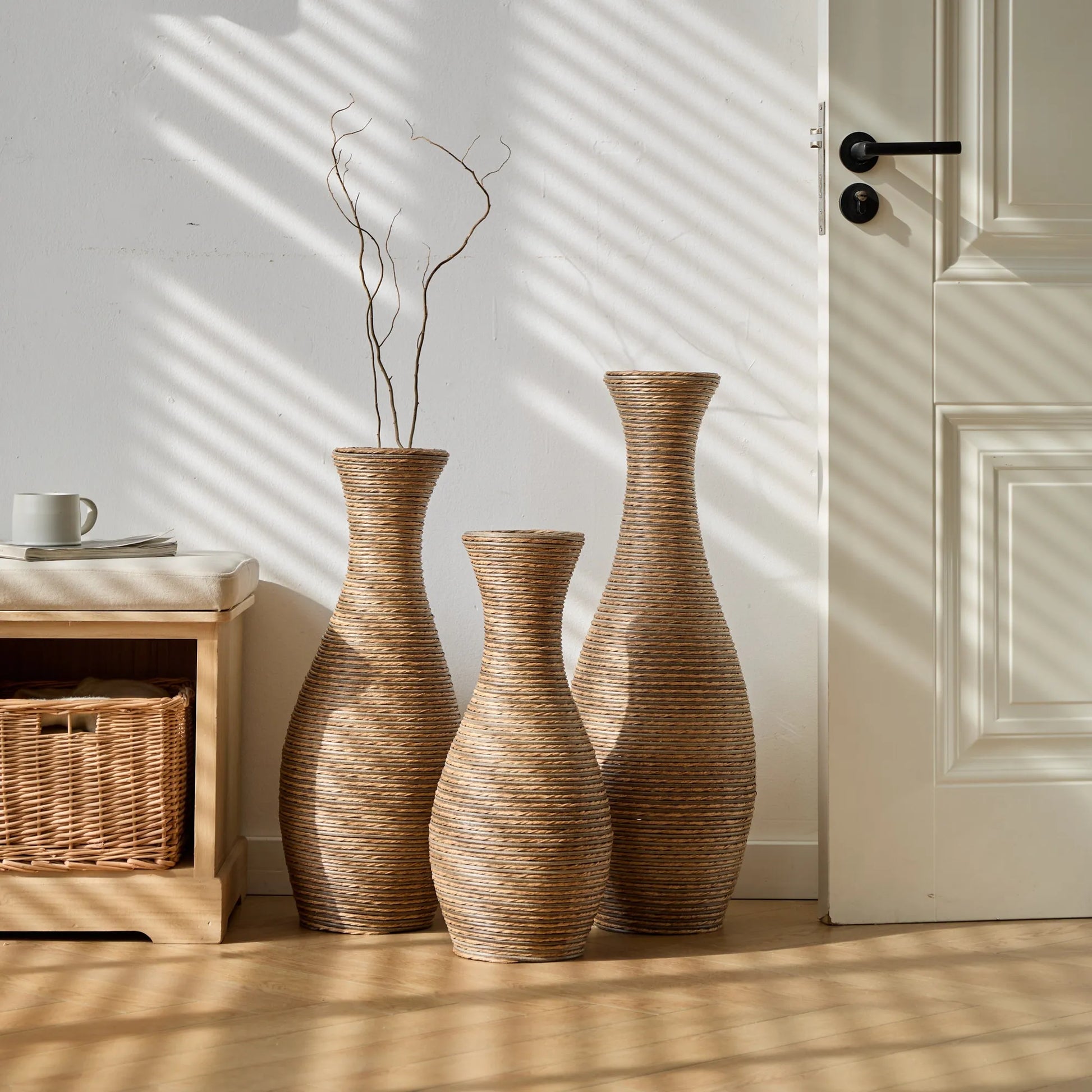 3-Piece Artificial Rattan Floor Vase Set – Decorative Accent for Living Room, Hallway & Entryway, Ideal for Dried or Silk Flower Arrangements, Beige – view 2