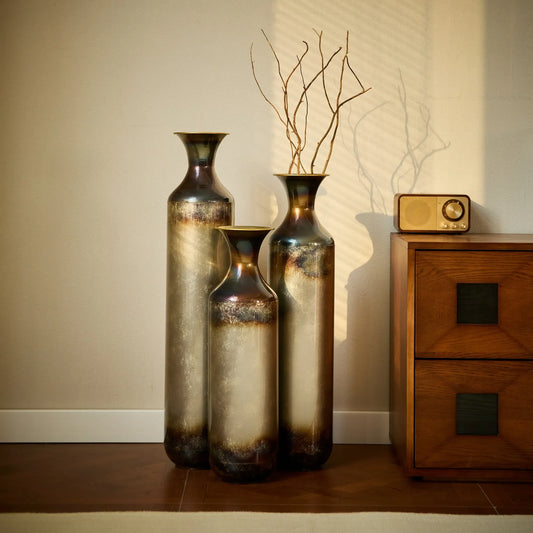 Modern Droplet-Shaped Floor Vase Set – Gold & White Glazed Metal Decorative Vases – 3-Piece Home Accent for Living Room or Entryway – view 2