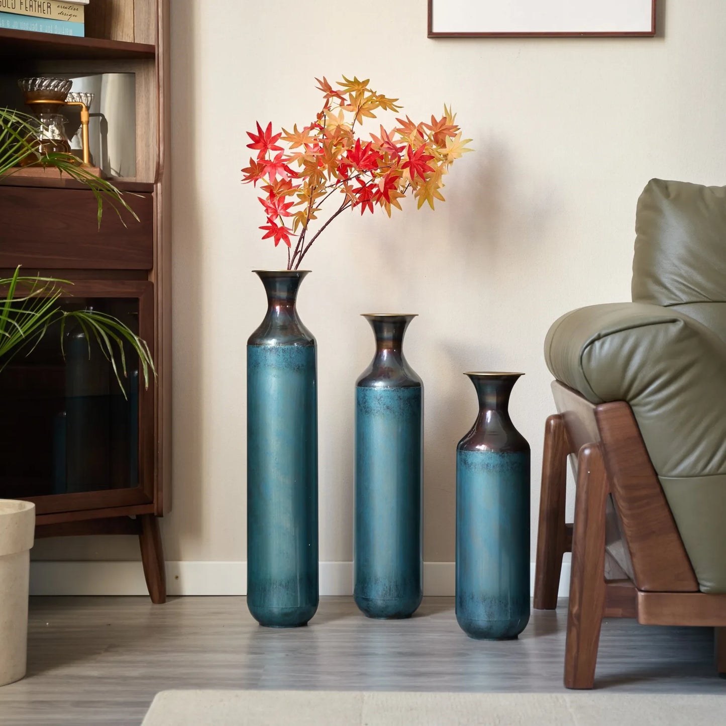 Modern Droplet-Shaped Floor Vase Set – Aqua Blue Glazed Metal Decorative Vases – 3-Piece Home Decor in 20.4 In, 24.4 In & 28.34 In Heights – view 2