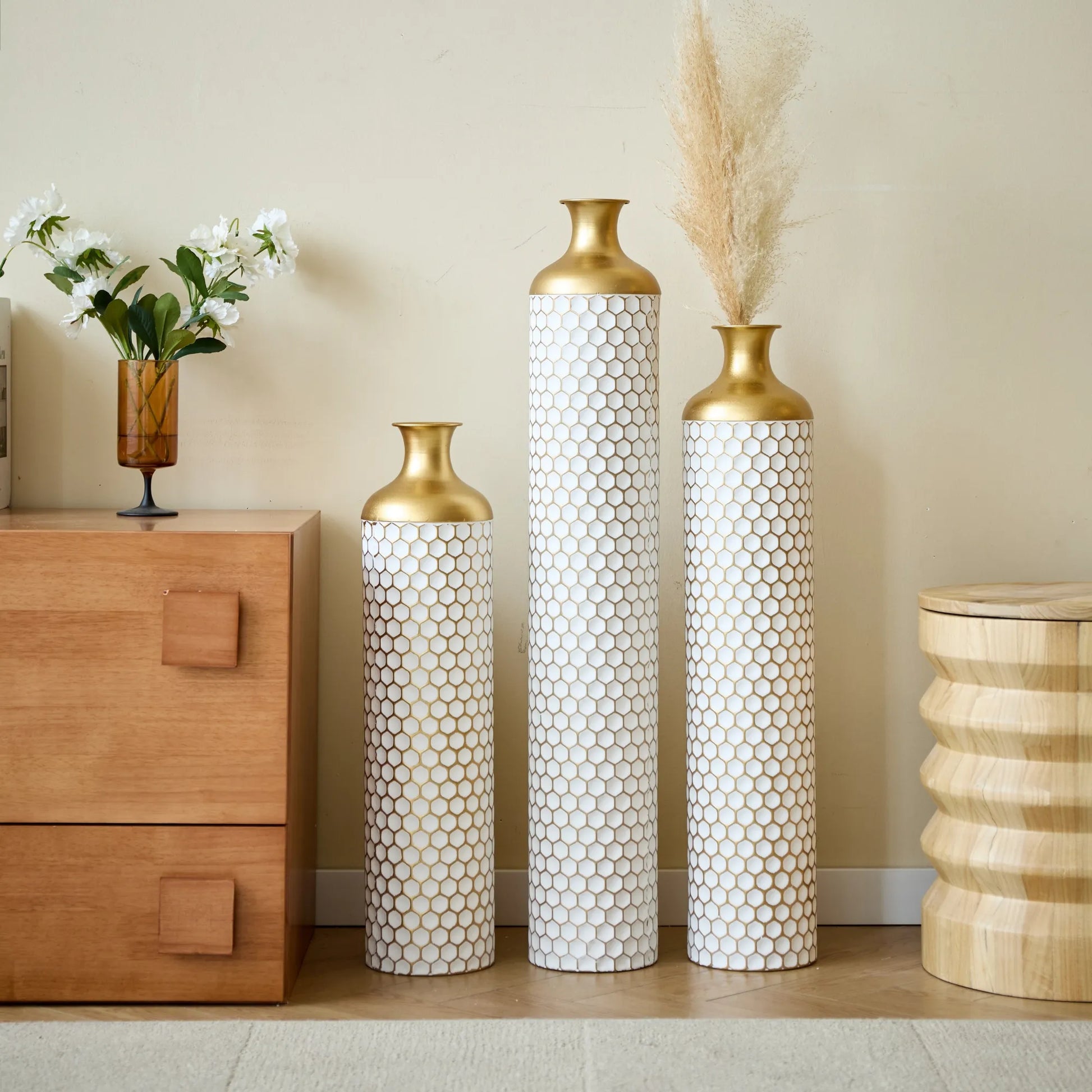 3-piece set gorgeous home decoration large glazed metal vase --Floor metal vase modern style decoration home droplet shaped white metal – view 2