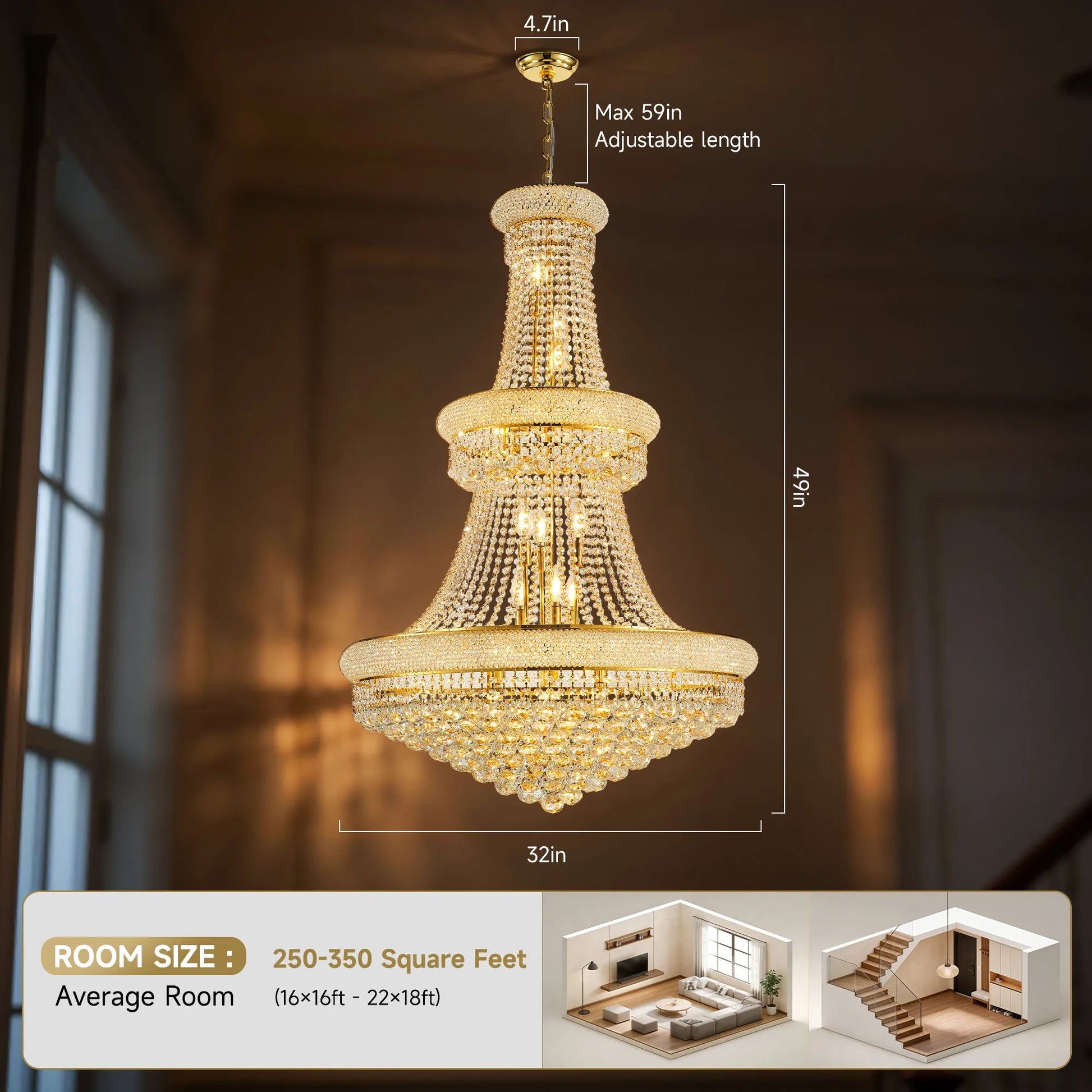 32-Inch Gold Crystal Chandelier, 27-Light French Empire Ceiling Light with LED Bulbs, Adjustable 59-Inch Chain, 3000K Warm Light, Ideal for Living – view 2