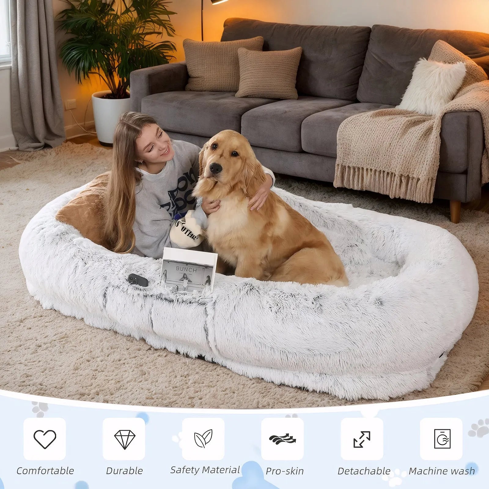 Human Dog Bed, Washable Faux Fur Dog Bed for People Doze Off, Napping Orthopedic Dog Bed,71''x45''x14'' Size Fits You and Pets (Grey) - Blankets and – view 2