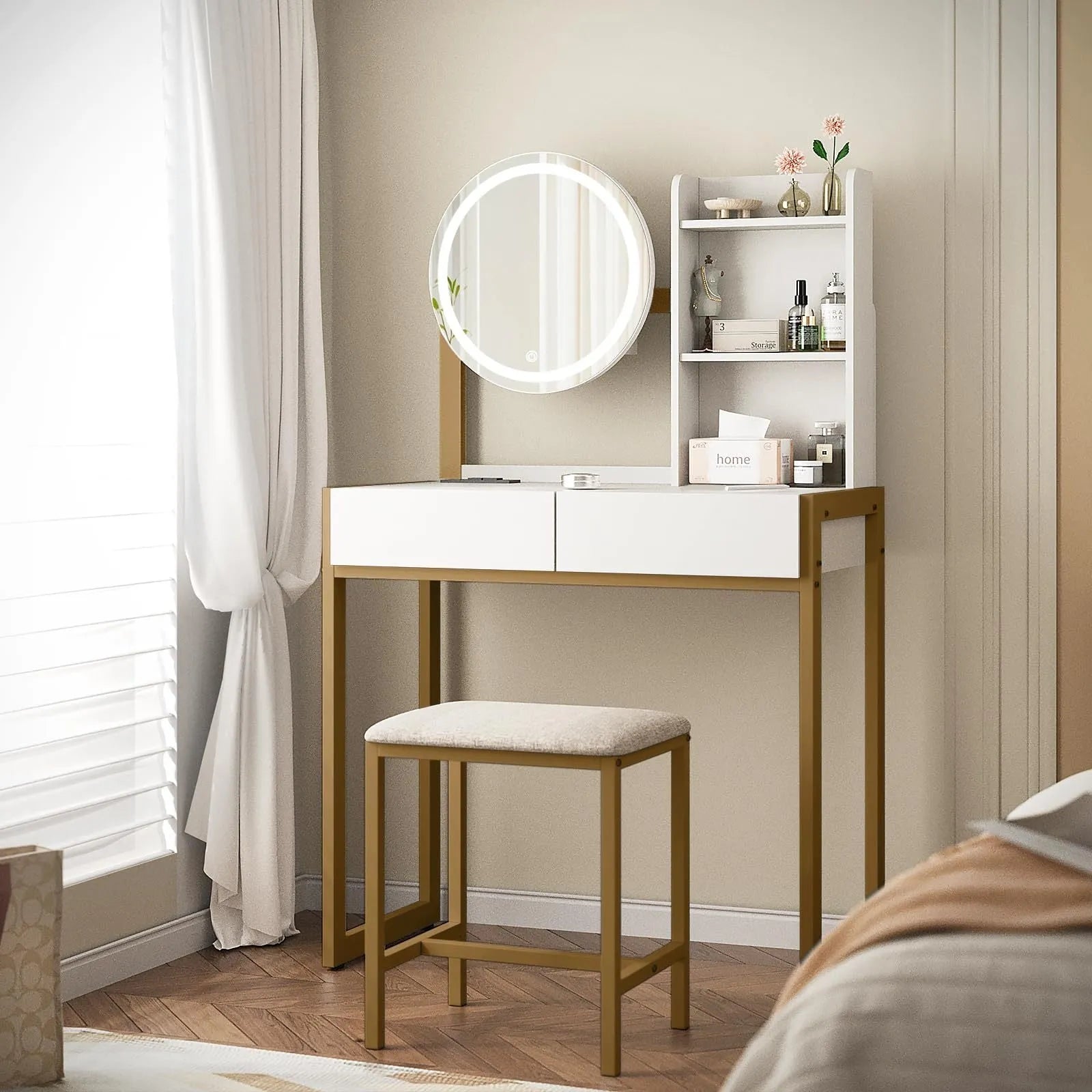 Small Vanity Desk with Mirror and Lights, Makeup Vanity Table with LED Mirror, 3 Lighting Modes, Power Outlet, Drawer, Open Shelves and Cushioned – view 2