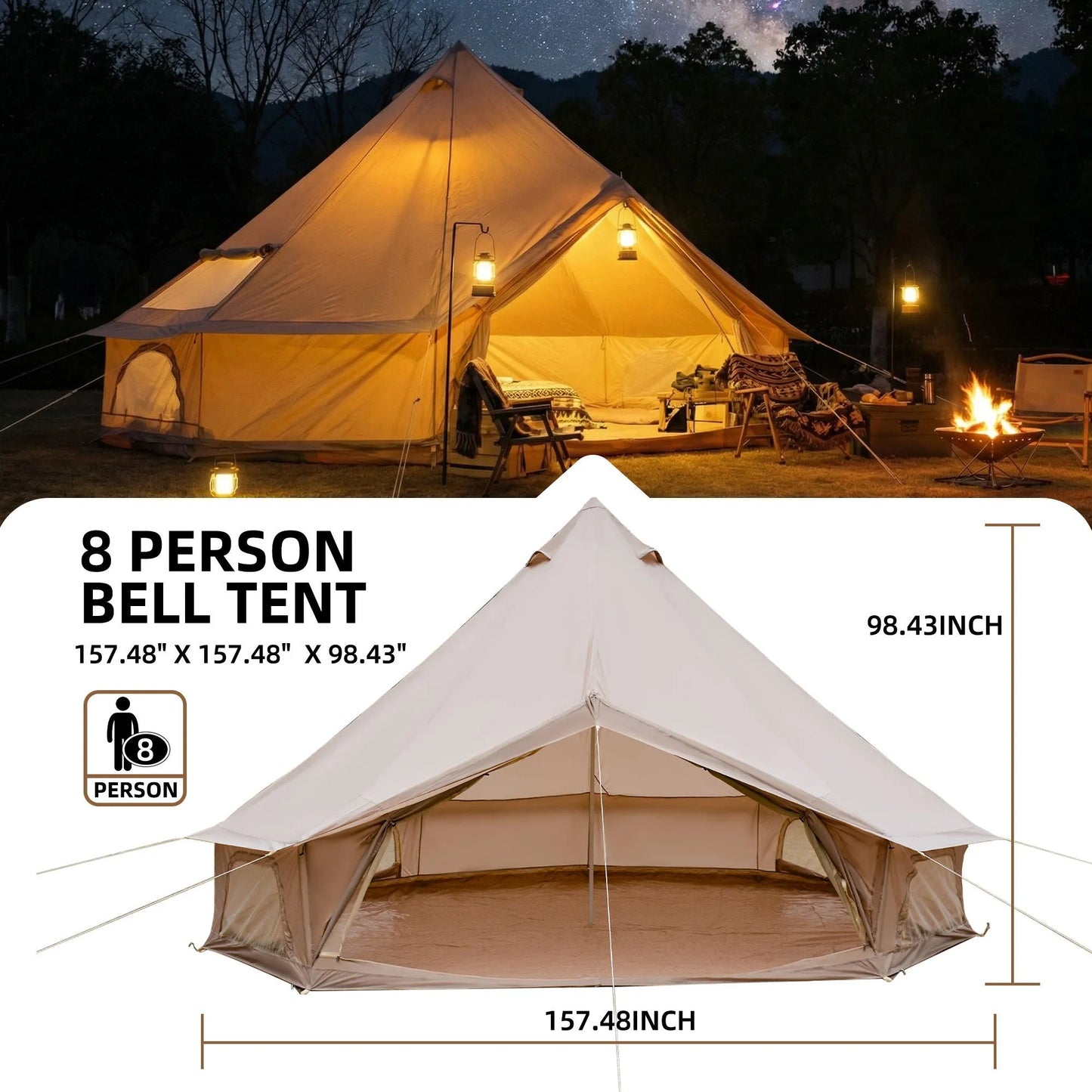 4 Season Bell Tent 13.1FT, Beige Waterproof Glamping Yurt Tent with Stove Jack, Fits 8 People Family Camping Tent for Outdoor Parties & Camping – view 2