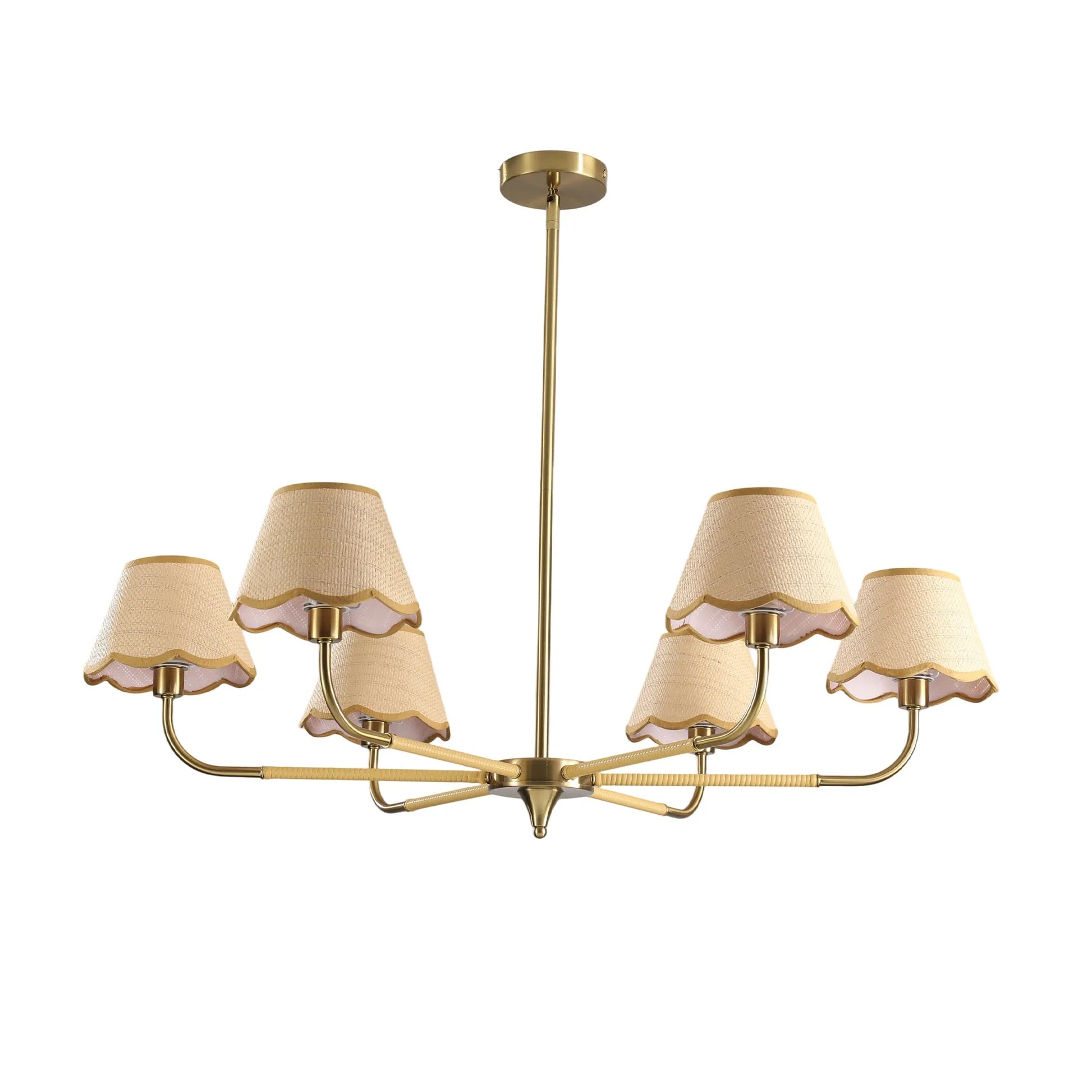38' Gold 6-lamp Chandelier with Hand-Woven Rattan Lampshade, Mid-Century Hanging Pendant Light Fixture for Dining Room, Living Room, or Kitchen (Bulb – view 2