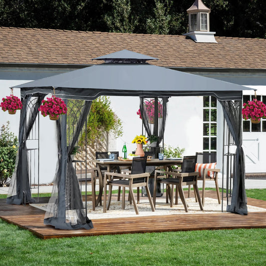 10 x 10 ft Patio Gazebo Tent with Ventilated Double Roof and Mosquito Net, Gray Canopy for Backyard or Garden – view 2