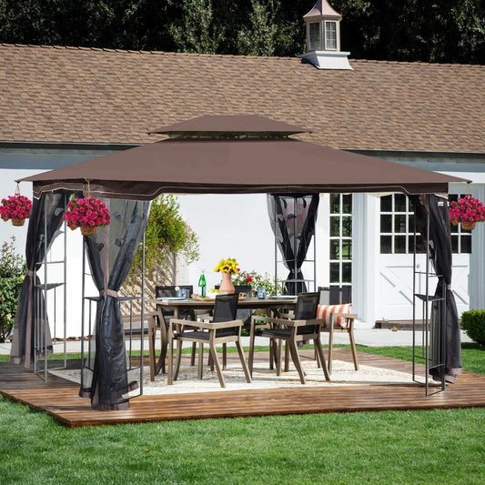 13 x 10 ft Patio Gazebo Tent with Ventilated Double Roof and Mosquito Net, Brown Canopy for Backyard or Garden – view 2