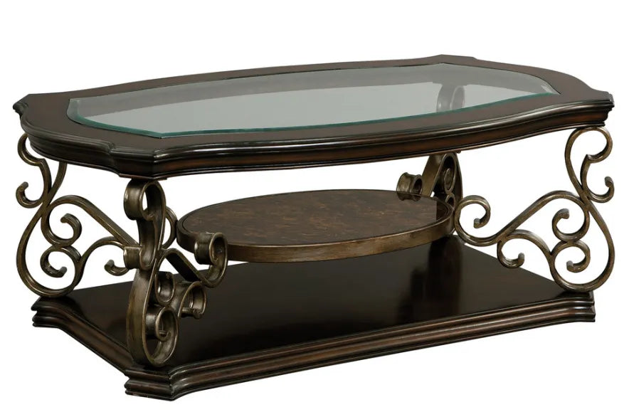 Cocktail Table, Glass table top, MDF W/marble paper middle shelf, powder coat finish metal legs. (52'Lx32'Wx20.3'H) – view 2