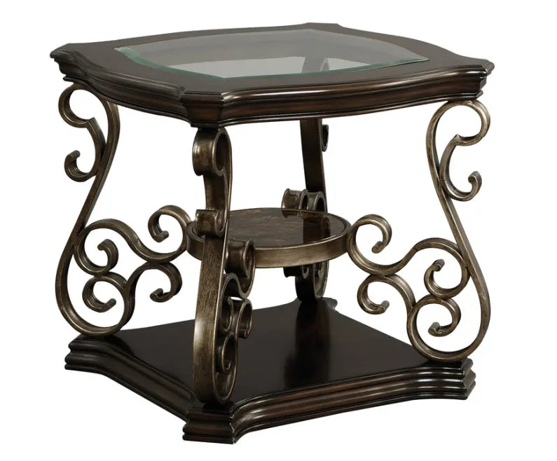 End table, Glass table top, MDF W/marble paper middle shelf, powder coat finish metal legs. (26.3'Lx26.3'Wx24'H) – view 2
