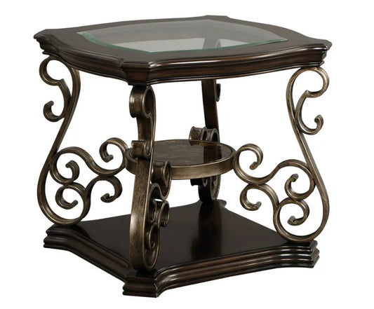 End table, Glass table top, MDF W/marble paper middle shelf, powder coat finish metal legs. (26.3'Lx26.3'Wx24'H) – view 2