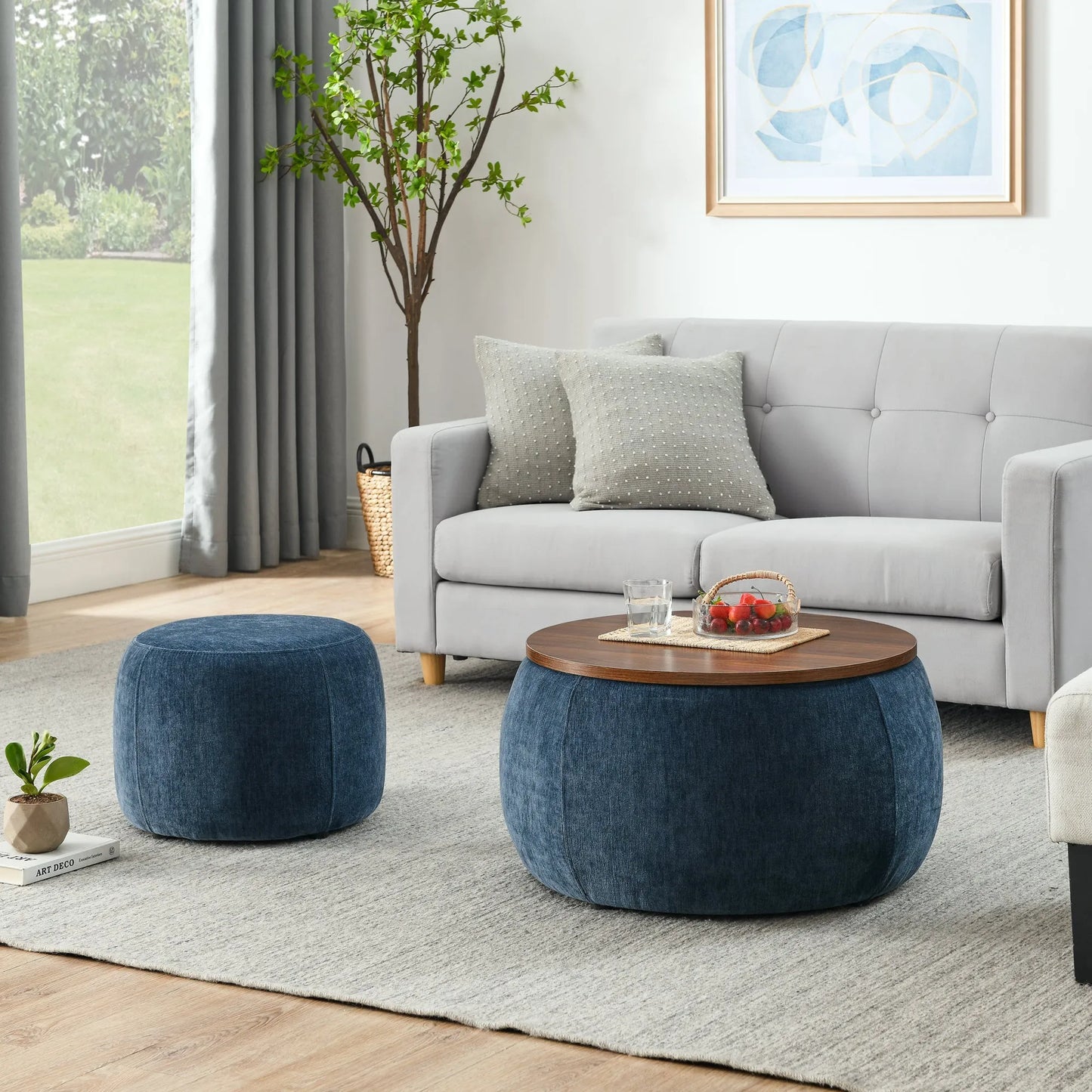 Dark Blue Round Storage Ottoman with 2 in 1 Function as End Table and Ottoman, Eucalyptus Wood and Foam, 25'x25'x14.7' – view 2