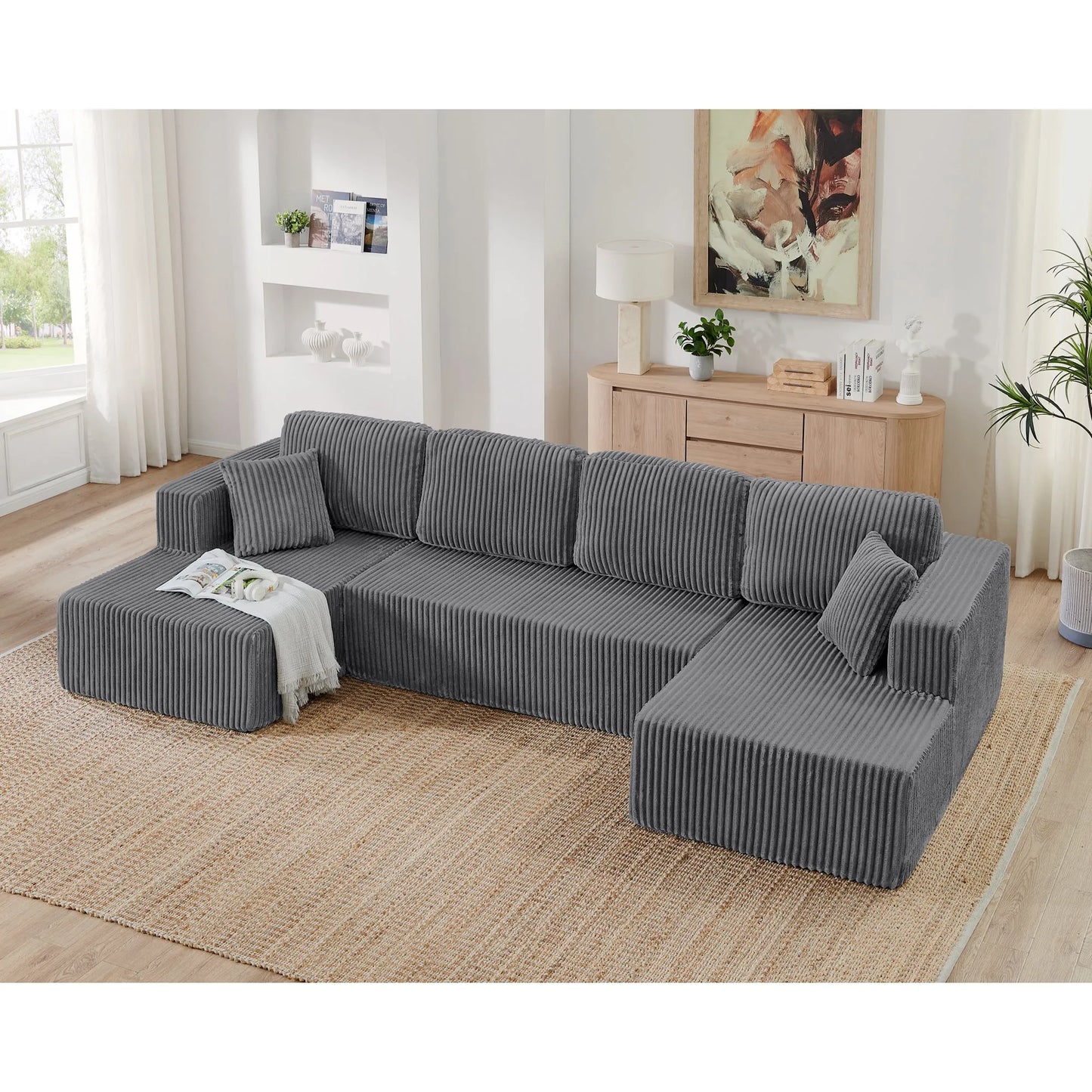 U shape Modular Sectional Sofa, Compressed Sectional Sofa Modern Minimalist Style Corduroy Couch, Sleeper Sofa for Living Room, Bedroom, Comfy – view 2