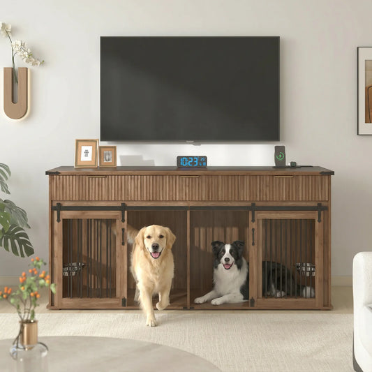 71'' Furniture Style Double Dog Crate with 3 Fluted Drawers and Waterproof Walnut Woodgrain Tabletop,Large Dog Kennel Furniture with Type-C Power – view 2
