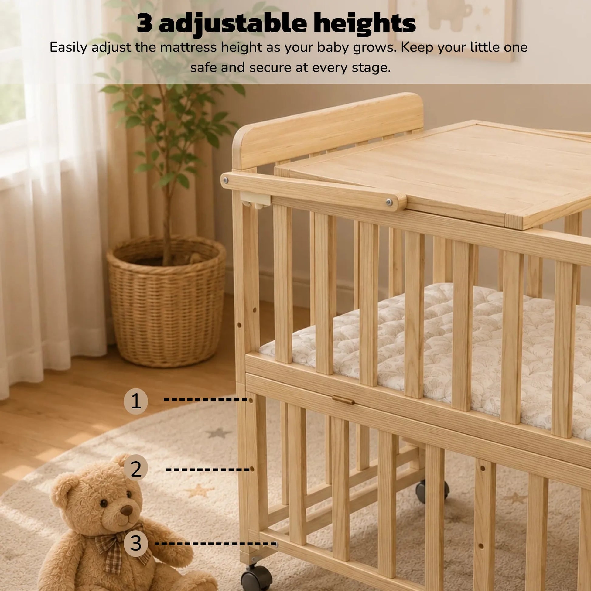Solid Wood Baby Bassinets Wooden Bedside Bassinet Portable Mini Baby Crib 3 Adjustable Heights With Mattress and Changing Shelf for Newborns – view 2
