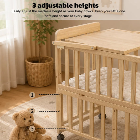 Solid Wood Baby Bassinets Wooden Bedside Bassinet Portable Mini Baby Crib 3 Adjustable Heights With Mattress and Changing Shelf for Newborns – view 2