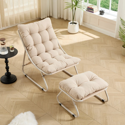 Patio Outdoor Lounge Chair with Ottoman, Comfy Sling Recliner Chair with Puffy Cushion and Foot Stool, Ideal for Living Room, Bedroom, Reading Room – view 2