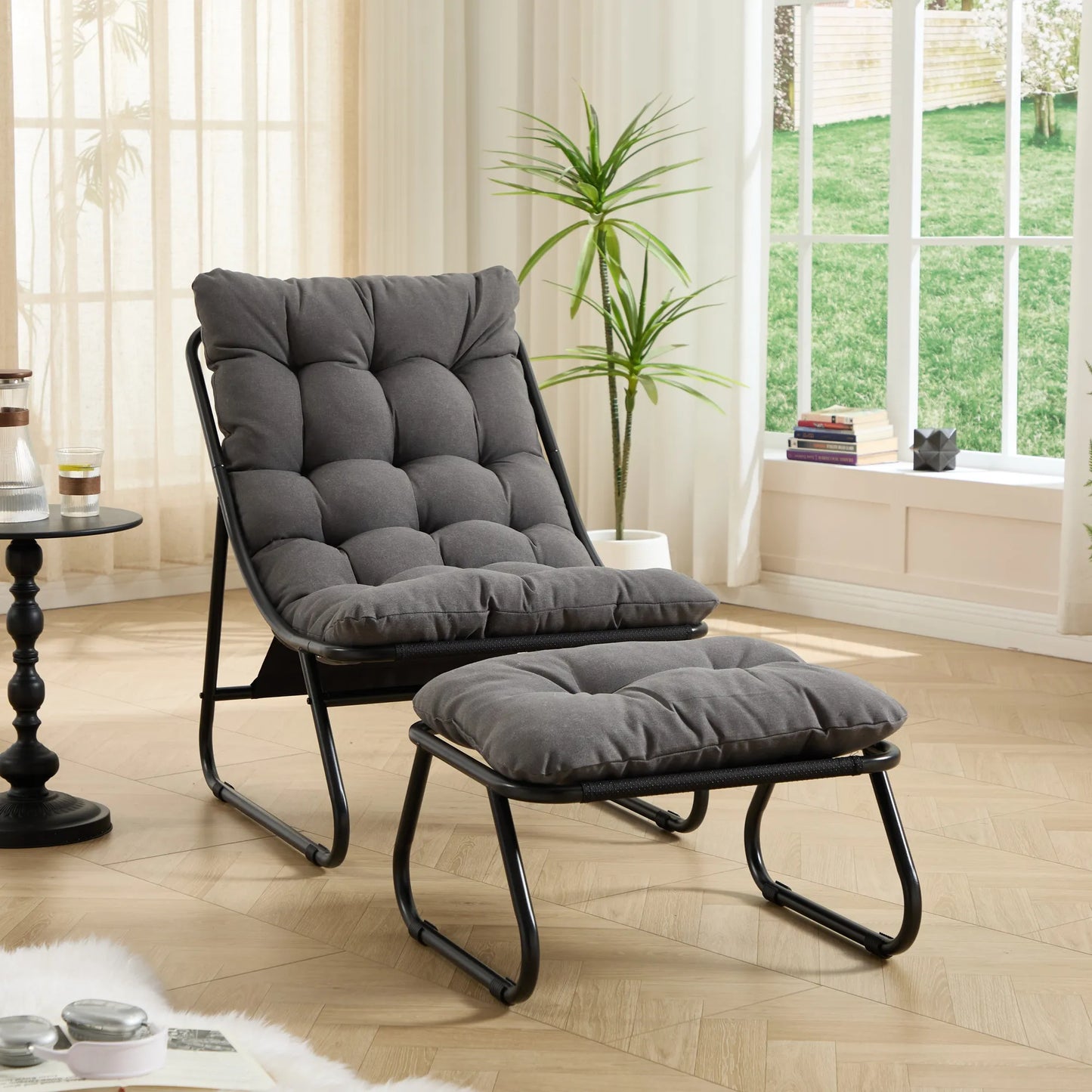 Patio Outdoor Lounge Chair with Ottoman, Comfy Sling Recliner Chair with Puffy Cushion and Foot Stool, Ideal for Living Room, Bedroom, Reading Room – view 2
