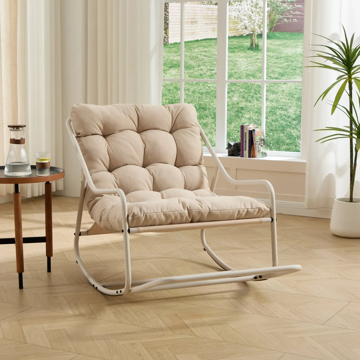 Outdoor Rocking Chair, Comfy Cushion, with Soft Thick Cushion,for Living Room, Bedroom, Reading Room, Beige Frame with Beige Cushion – view 2