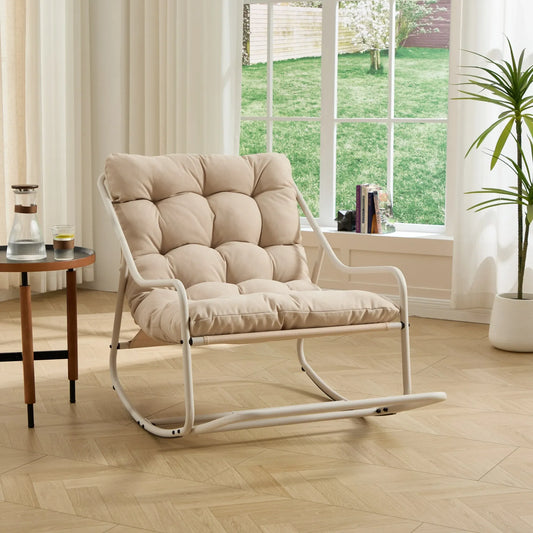 Outdoor Rocking Chair, Comfy Cushion, with Soft Thick Cushion,for Living Room, Bedroom, Reading Room, Beige Frame with Beige Cushion – view 2