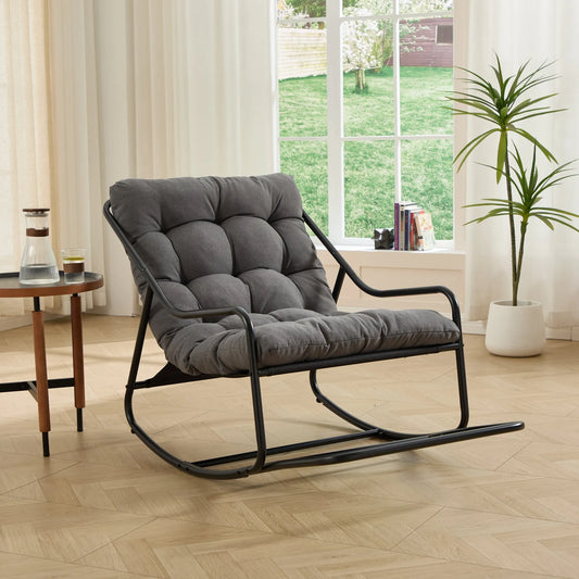 Outdoor Rocking Chair, Comfy Cushion, with Soft Thick Cushion,for Living Room, Bedroom, Reading Room, Black Frame with Grey Cushion – view 2