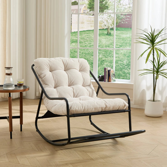 Outdoor Rocking Chair, Comfy Cushion, with Soft Thick Cushion,for Living Room, Bedroom, Reading Room, Black Frame with White Cushion – view 2