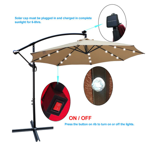 Tan 10 ft Outdoor Patio Umbrella Solar Powered LED Lighted Sun Shade Market Waterproof 8 Ribs Umbrella with Crank and Cross Base for Garden Deck – view 2