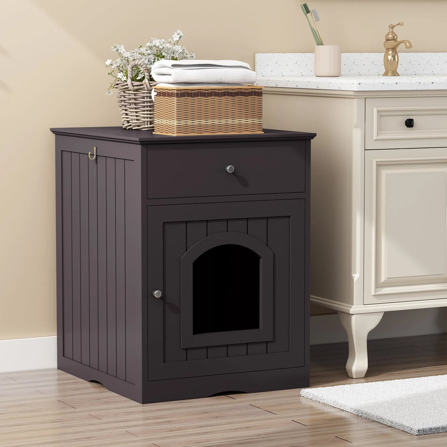 Brown Wooden Pet House Cat Litter Box Enclosure with Drawer, Side Table, Indoor Pet Crate, Cat Home Nightstand – view 2
