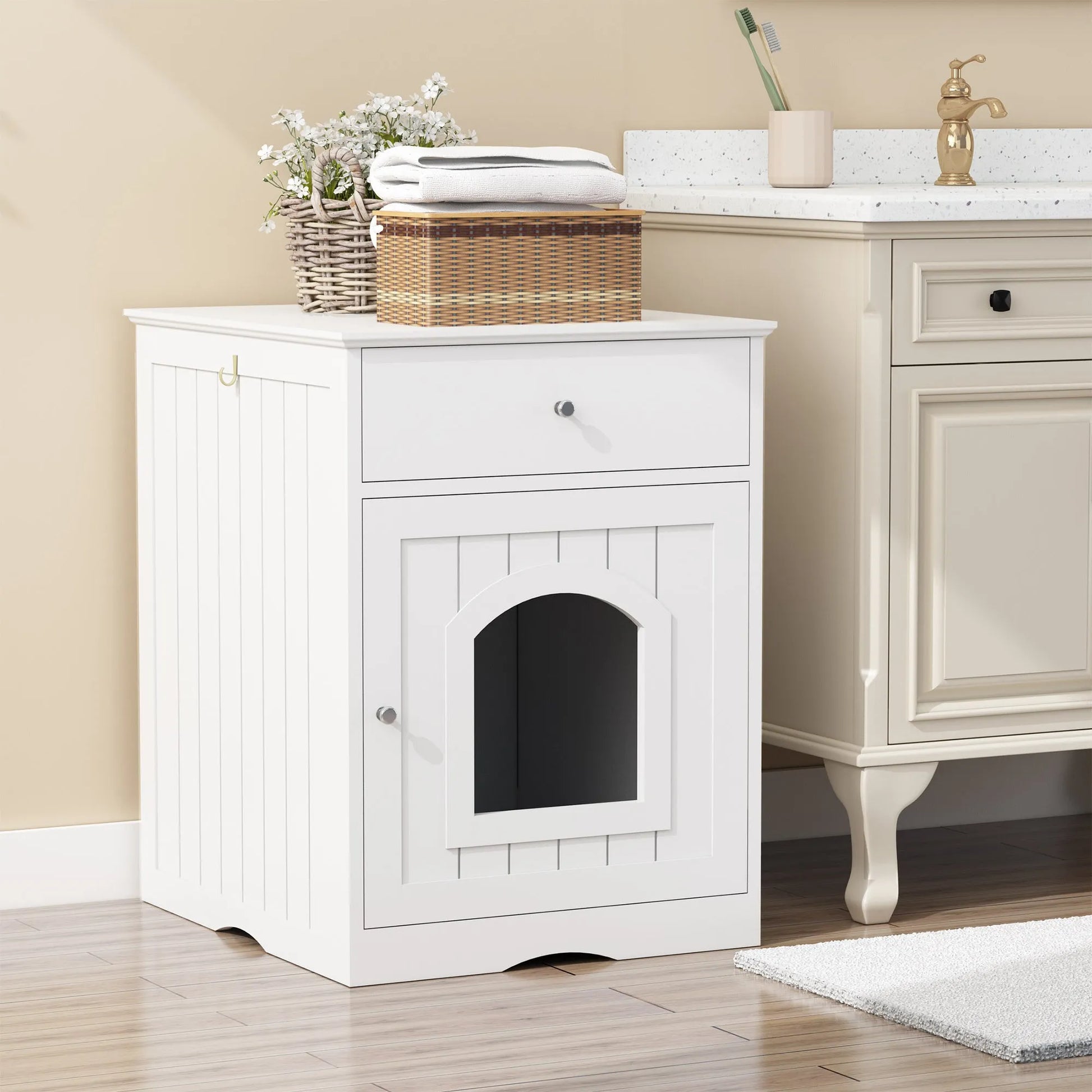 White Wooden Pet House Cat Litter Box Enclosure with Drawer and Side Table, Indoor Cat Home Nightstand for Small Cats, MDF Construction, 18.9'' W x – view 2
