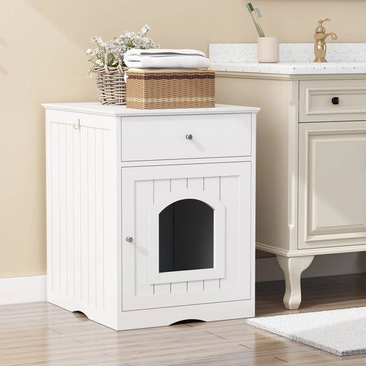 White Wooden Pet House Cat Litter Box Enclosure with Drawer and Side Table, Indoor Cat Home Nightstand for Small Cats, MDF Construction, 18.9'' W x – view 2